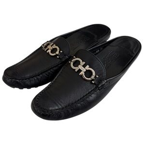 Salvatore Ferragamo Black Leather Mules with Metallic Detail